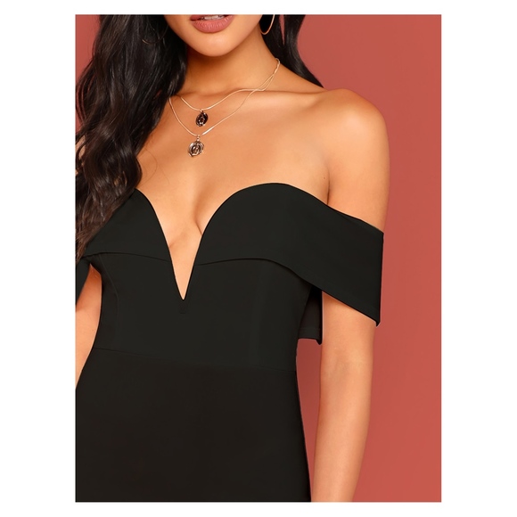 Black Bardot Plunge Bodycon Cocktail Short Dress - Picture 3 of 8